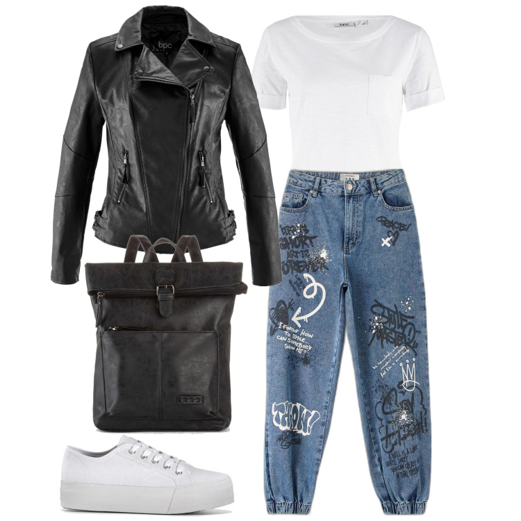Outfit donna - Con gli amici. Stile Urban per Tutti i giorni. Abbinamento con blazer, zaini, t-shirt, sneakers, jeans.