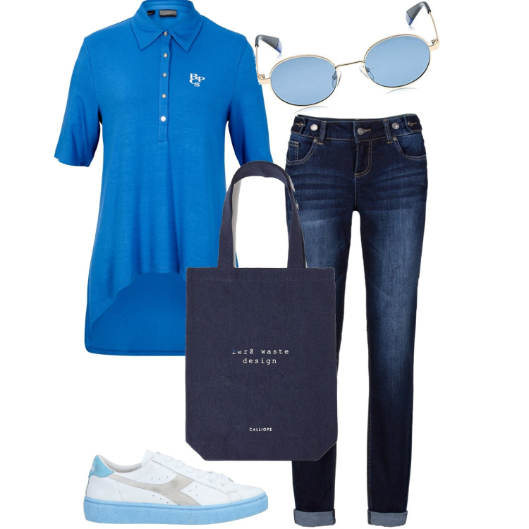 Outfit donna - A lezione. Stile Casual per Scuola/Università. Abbinamento con jeans boyfriend, polo, sneakers, shopping bag, occhiali da sole.