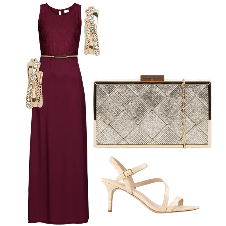 Outfit donna - Total look #1622722. Stile Chic per Cerimonia. Abbinamento con vestiti lunghi, sandali col tacco, clutch, orecchini.
