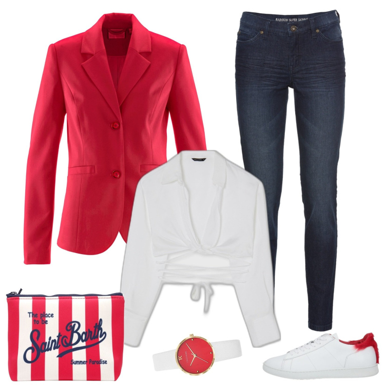 Outfit donna - Trendy, in ufficio o a lezione. Stile Casual chic per Tutti i giorni. Abbinamento con jeans skinny, blazer, sneakers, camicie, pochette, orologi analogici.