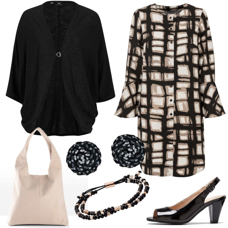 Outfit donna - Passeggiata. Stile Casual chic per Tutti i giorni. Abbinamento con cardigans, vestiti, shopping bag, décolleté, braccialetti, orecchini.