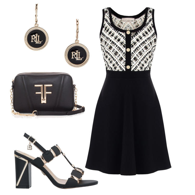 Outfit donna - #91. Stile Glamour per Serata fuori. Abbinamento con sandali col tacco, vestiti midi/longuette, pochette, orecchini.