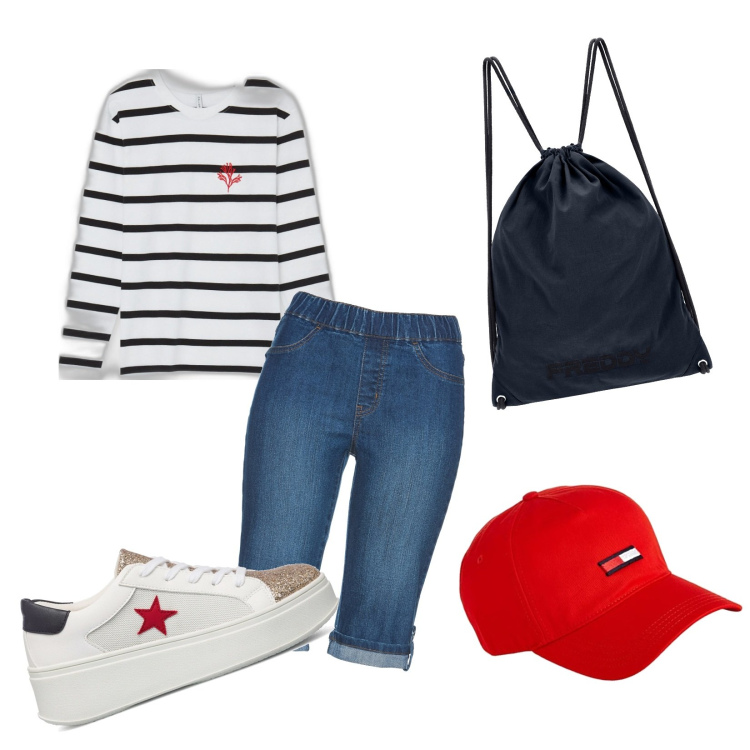 Outfit donna - Total look #1622836. Stile Sporty chic per Tutti i giorni. Abbinamento con bermuda, t-shirt, zaini, sneakers, cappelli con visiera.