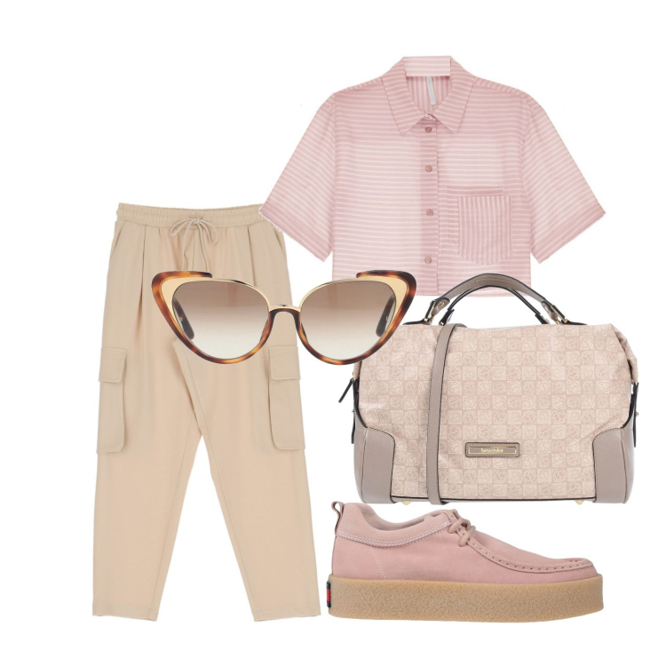 Outfit donna - Ghost outfitter - maggio. Stile Mannish per Ufficio. Abbinamento con scarpe stringate, borse a mano, occhiali da sole, camicie a manica corta, pantaloni.