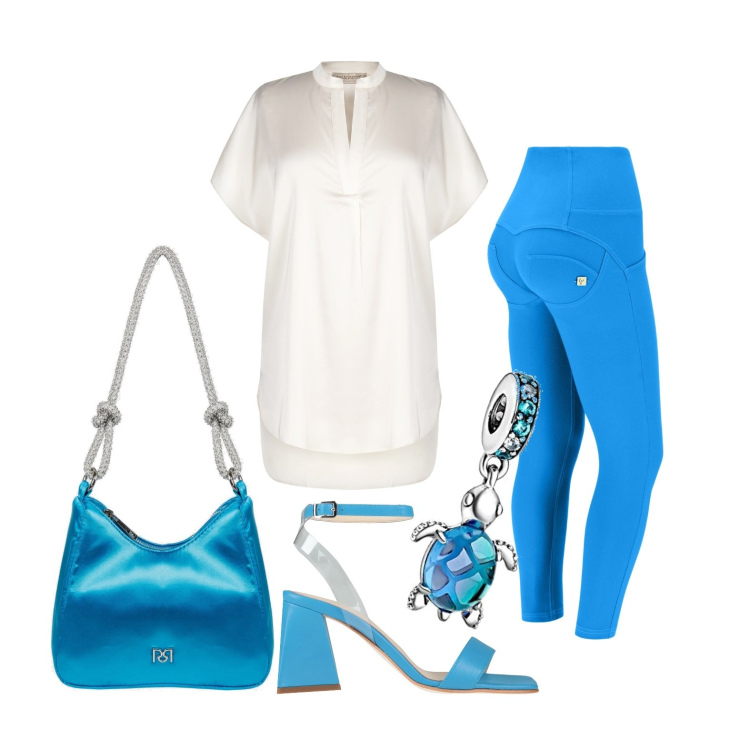 Outfit donna - Sfumature blu. Stile Casual per Ufficio. Abbinamento con sandali in pelle, bluse, borse a spalla, pantaloni skinny, braccialetti.