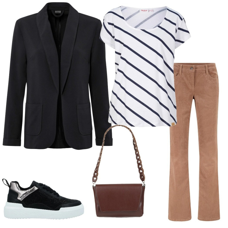 Outfit donna - Marrone. Stile Casual chic per Tutti i giorni. Abbinamento con pantaloni, t-shirt, blazer, sneakers, borse a mano.