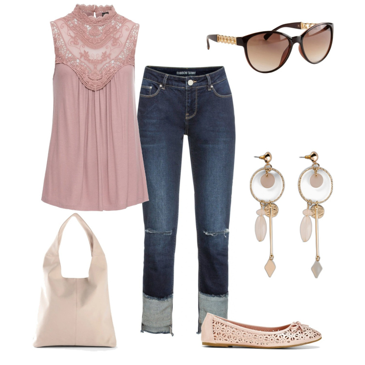 Outfit donna - Look tempo libero. Stile Casual chic per Tutti i giorni. Abbinamento con top, ballerine, orecchini, vestiti, shopping bag, occhiali da sole.