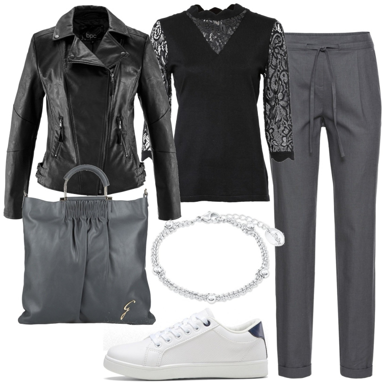 Outfit donna - Total look #1622987. Stile Casual per Ufficio. Abbinamento con borse a mano, pantaloni, blazer, maglieria, sneakers, braccialetti.