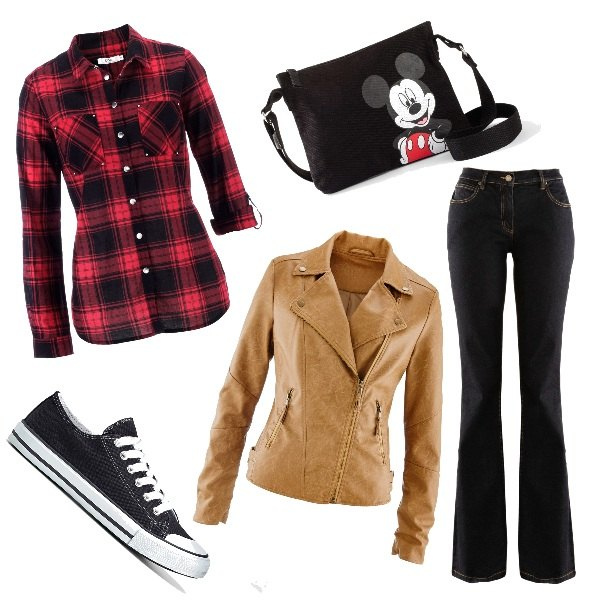 Outfit donna - Pronti per un giro in moto. Stile Rock per Tutti i giorni. Abbinamento con camicie, blazer, jeans bootcut, borse a tracolla, scarpe sportive.
