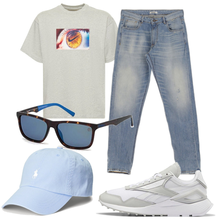 Outfit uomo - Casual in jeans. Stile Casual per Tutti i giorni. Abbinamento con jeans slim fit, sneakers, cappelli, occhiali da sole, t-shirt.