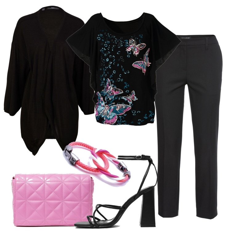 Outfit donna - In città. Stile Casual chic per Tutti i giorni. Abbinamento con pantaloni, bluse, cardigans, borse a spalla, sandali in pelle, orologi.