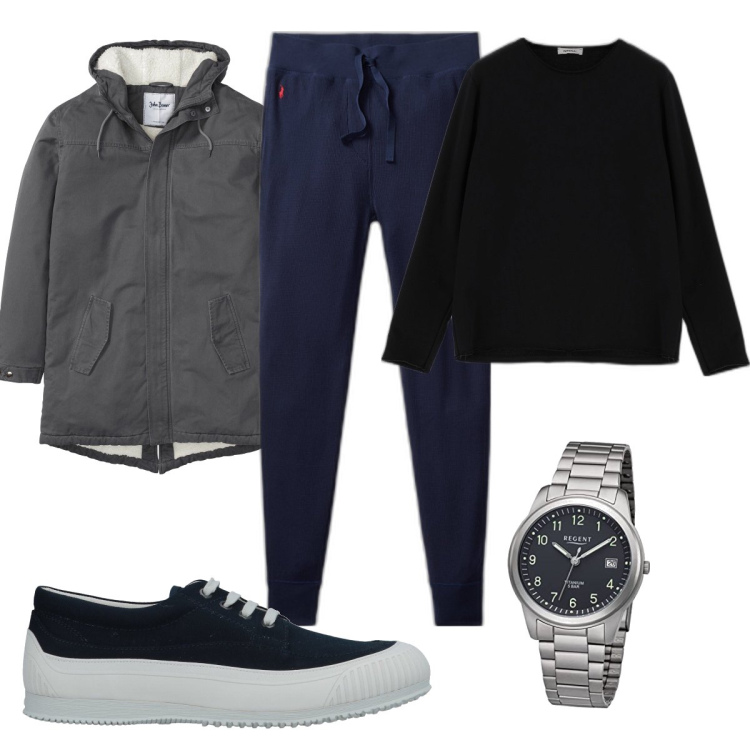Outfit uomo - Total look #1623135. Stile Casual per Tutti i giorni. Abbinamento con parka, sneakers, maglieria, pantaloni, orologi analogici.