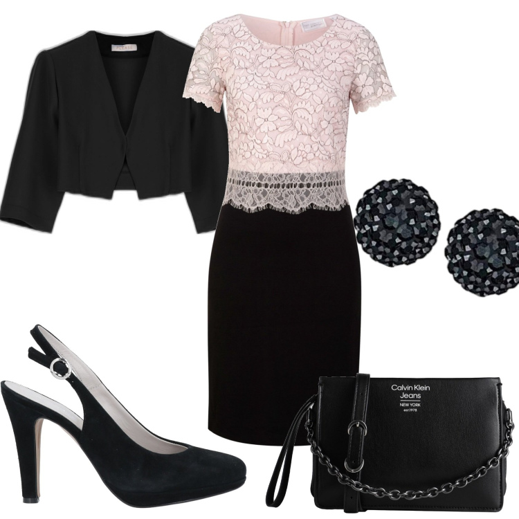 Outfit donna - Inviata ad un evento. Stile Chic per Serata fuori. Abbinamento con vestiti, borse a mano, décolleté, giacche, orecchini.