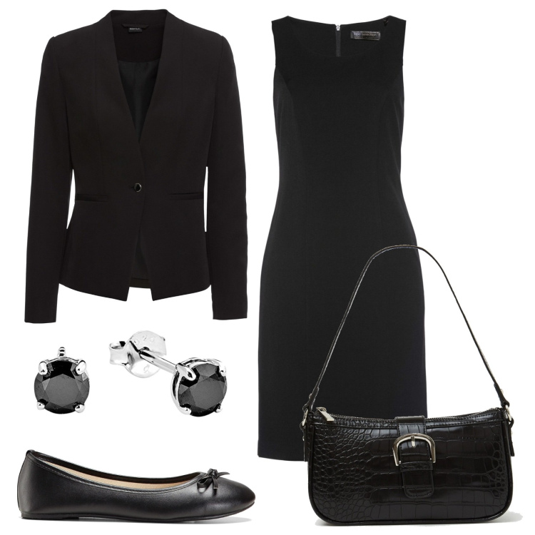 Outfit donna - Totale in nero. Stile Chic per Tutti i giorni. Abbinamento con blazer, ballerine, vestiti a tubino, borse a spalla, orecchini.