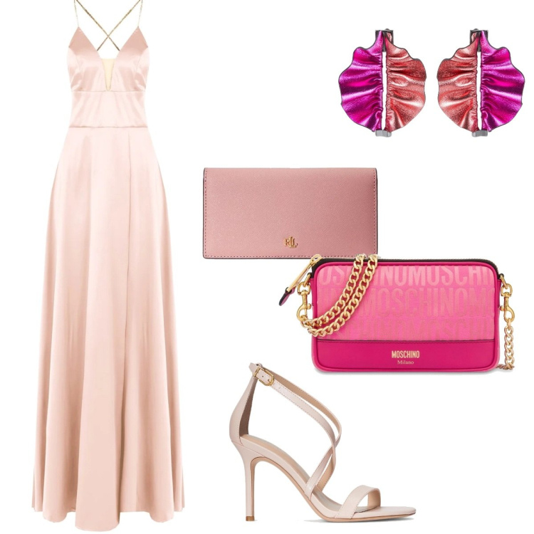 Outfit donna - Total look #1623215. Stile Glamour per Cerimonia. Abbinamento con vestiti lunghi, portafogli, sandali in pelle, borse a spalla, orecchini.