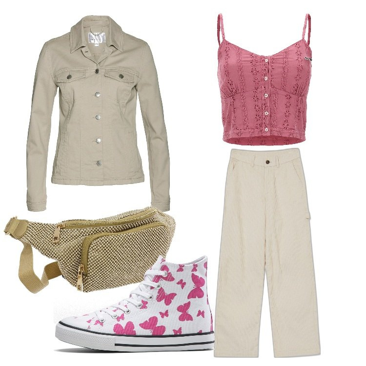 Outfit donna - Un giro in città. Stile Casual per Tutti i giorni. Abbinamento con blazer, sneakers alte, pantaloni, top, marsupi.