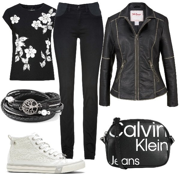 Outfit donna - Total look #1623290. Stile Urban per Tutti i giorni. Abbinamento con maglieria, jeans skinny, braccialetti, blazer, sneakers, borse a tracolla.