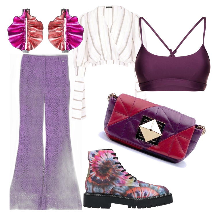 Outfit donna - L\'amica estrosa in bianco e viola. Stile Glamour per Ufficio. Abbinamento con stivaletti, borse a tracolla, pantaloni, top, orecchini, reggiseni.