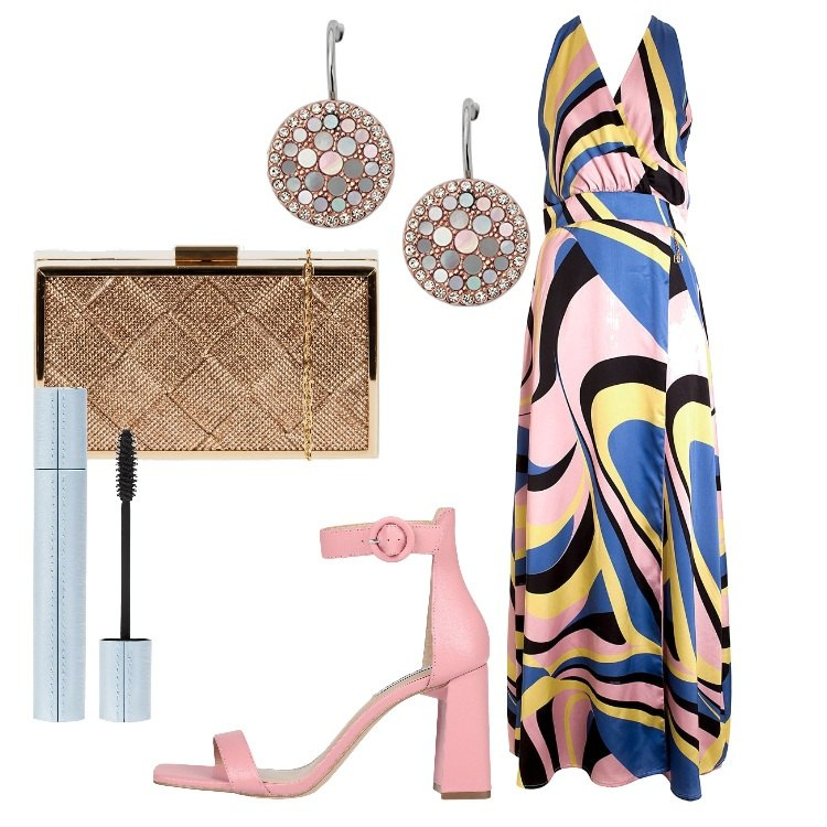 Outfit donna - Fantasia astratta per la serata. Stile Chic per Serata fuori. Abbinamento con sandali col tacco, clutch, vestiti lunghi, orecchini, mascara.