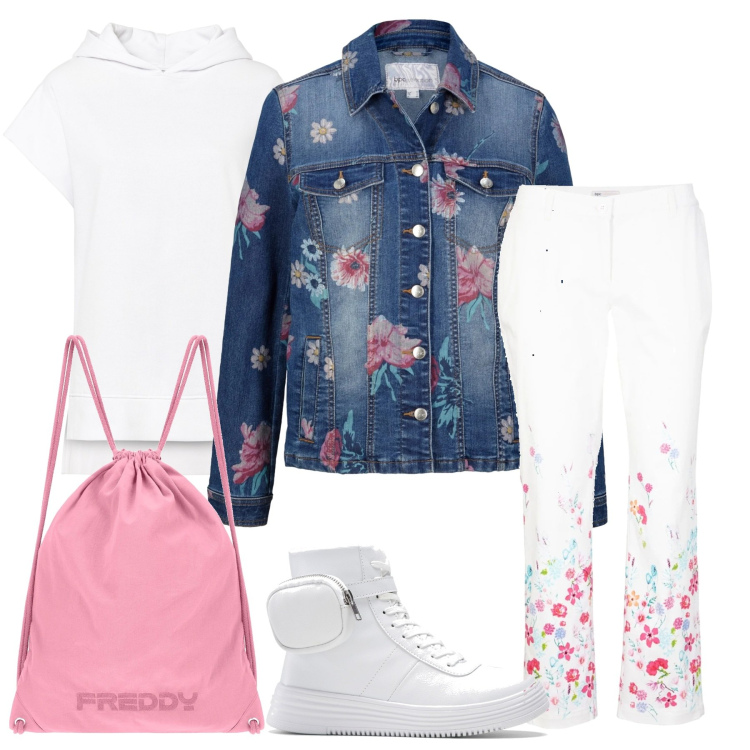 Outfit donna - Spring Flowers. Stile Casual per Scuola/Università. Abbinamento con giacche, pantaloni, felpe, sneakers alte, zaini.