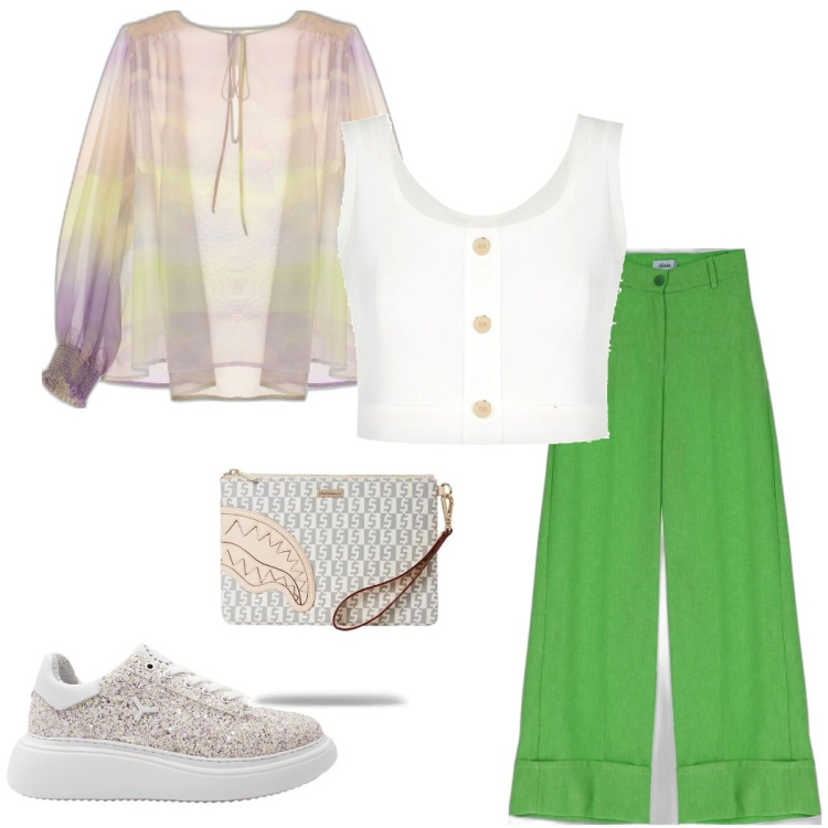 Outfit donna - Verde. Stile Casual chic per Serata fuori. Abbinamento con top, camicie, sneakers, pochette, pantaloni a palazzo.