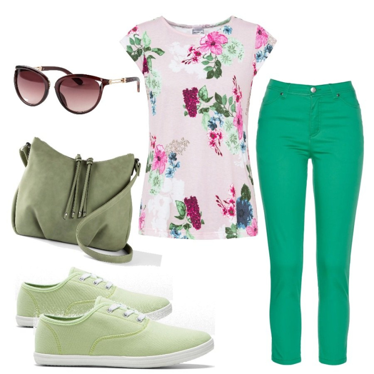 Outfit donna - Spring Sunday Morning. Stile Casual per Tutti i giorni. Abbinamento con occhiali da sole, maglieria, pantaloni, borse a tracolla, sneakers.