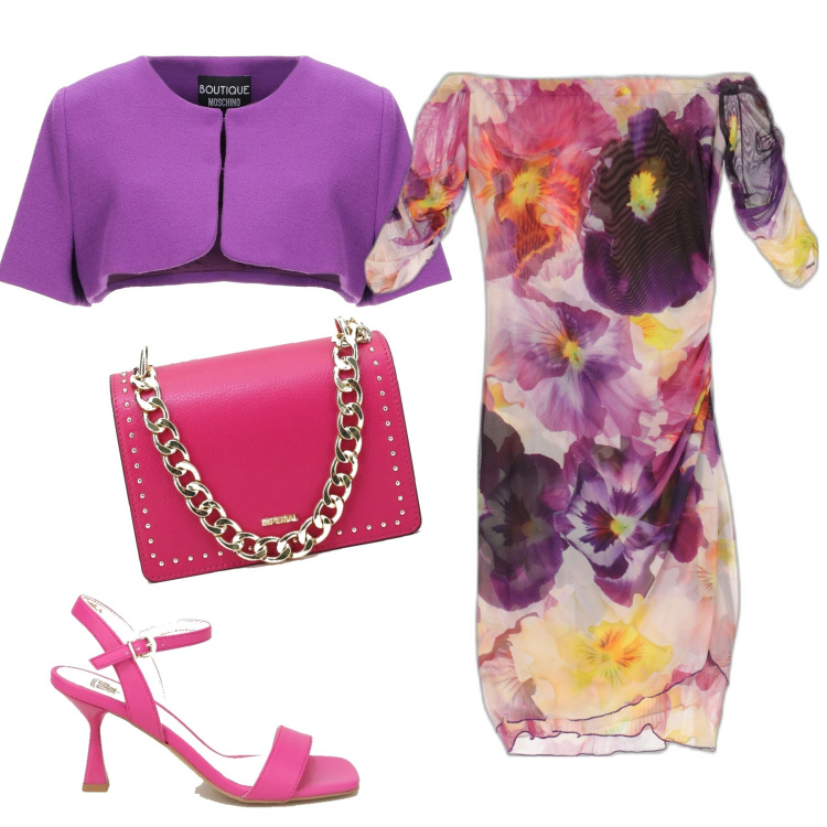 Outfit donna - Cerimonia floreale. Stile Casual chic per Cerimonia. Abbinamento con blazer, vestiti corti, sandali col tacco, pochette.