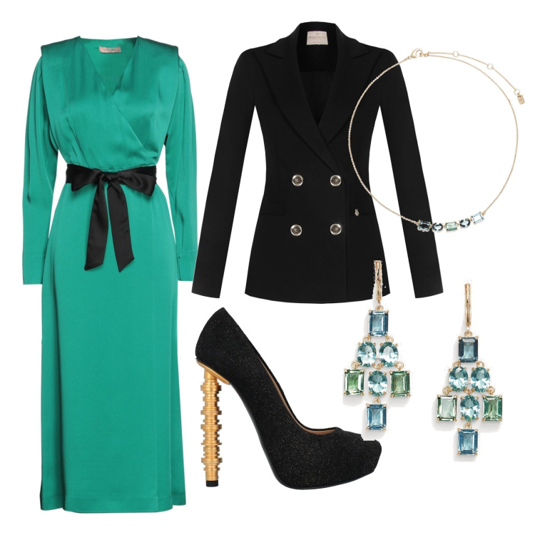 Outfit donna - Green black. Stile Chic per Cerimonia. Abbinamento con décolleté, vestiti midi/longuette, orecchini, collane, giacche.