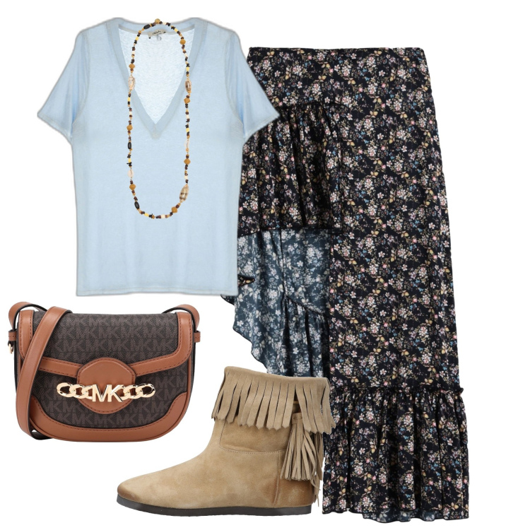 Outfit donna - In città. Stile Casual per Tutti i giorni. Abbinamento con minigonne, stivaletti, borse a tracolla, collane, t-shirt.