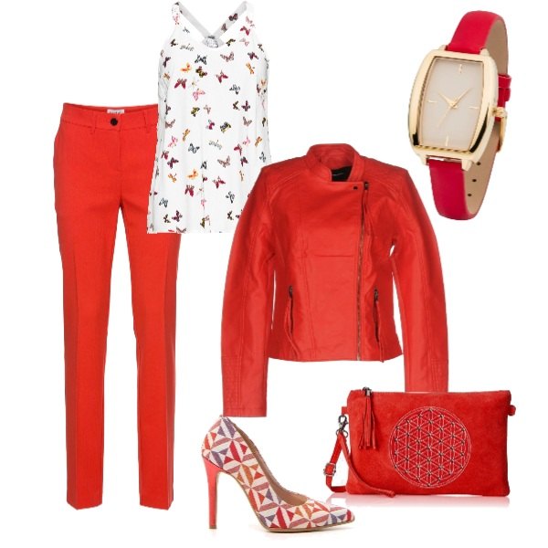 Outfit donna - The woman in red. Stile Trendy per Tutti i giorni. Abbinamento con top, pantaloni, orologio con cinturino oro, giubbotto collo tondo a maniche lunghe con zip interno foderato in pelle sintetica tinta unita, décolleté, shopping bag rosso.