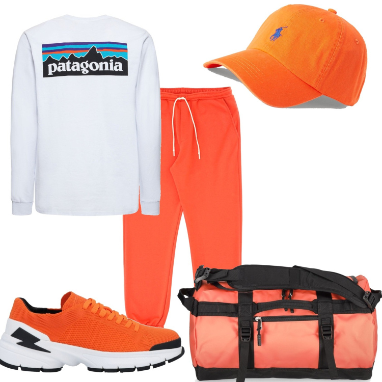 Outfit uomo - In arancio sportivo. Stile Casual per Tutti i giorni. Abbinamento con sneakers, pantaloni, cappelli, t-shirt, borse sportive.