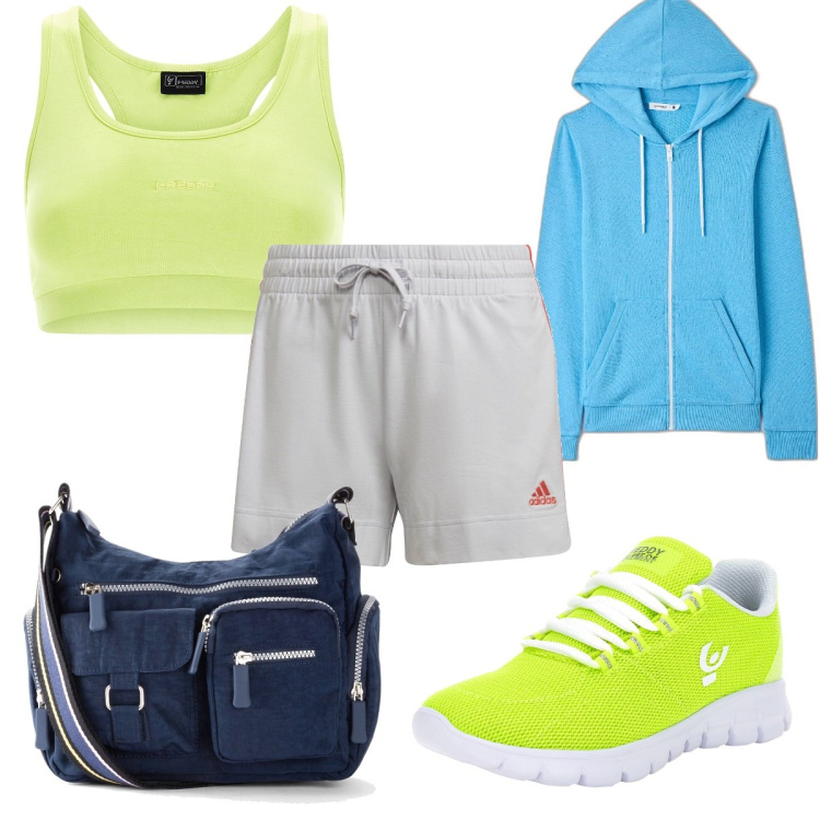 Outfit donna - Il top chiari sportivo. Stile Trendy per Sport. Abbinamento con borse a tracolla, felpe con cappuccio, sneakers, top, shorts.
