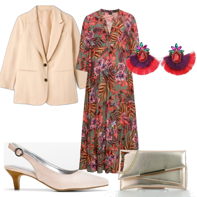 Outfit donna - Total look #1623748. Stile Trendy per Cerimonia. Abbinamento con vestiti lunghi, décolleté, blazer, clutch, orecchini.