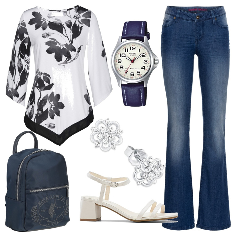 Outfit donna - A scuola con stile. Stile Casual chic per Scuola/Università. Abbinamento con jeans bootcut, maglieria, sandali col tacco, zaini, orecchini, orologi analogici.