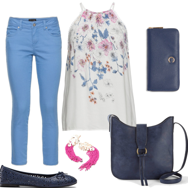 Outfit donna - Top chiaro. Stile Chic per Tutti i giorni. Abbinamento con top, pantaloni, ballerine, borse a tracolla, orecchini, portafogli.