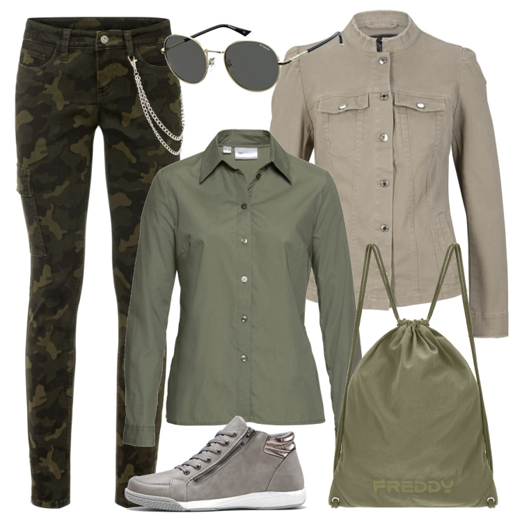 Outfit donna - Gita domenicale in campagna. Stile Military per Tutti i giorni. Abbinamento con sneakers alte, camicie, blazer, pantaloni cargo, zaini, occhiali da sole.