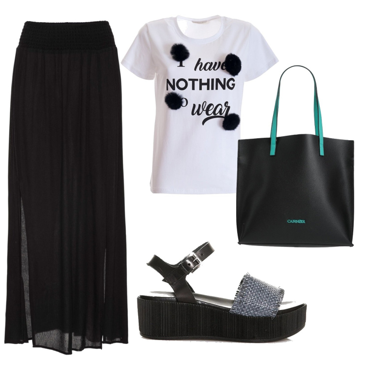 Outfit donna - Gonna con gli spacchi. Stile Basic per Tutti i giorni. Abbinamento con gonne lunghe, borse a mano, t-shirt, sandali.