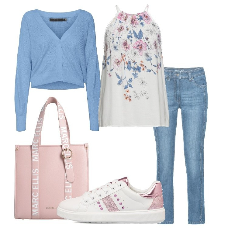 Outfit donna - Top bianco e fiori. Abbinamento con top, jeans, borse a mano, sneakers, cardigans.