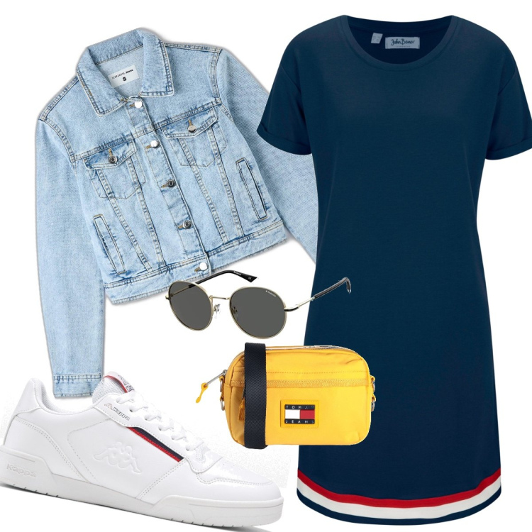 Outfit donna - abito blu e sneaker bianca. Stile Basic per Tutti i giorni. Abbinamento con vestiti, sneakers, borse a tracolla, cappotti, occhiali da sole.