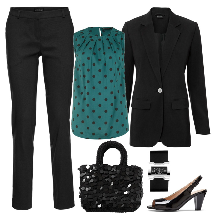 Outfit donna - Un invito serale. Stile Chic per Serata fuori. Abbinamento con pantaloni, top, blazer, décolleté, borse a mano, orologi.