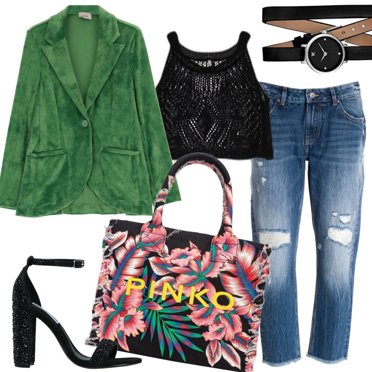 Outfit donna - Mix&Match. Stile Glamour per Tutti i giorni. Abbinamento con sandali col tacco, jeans strappati, top, shopping bag, giacche, orologi analogici.