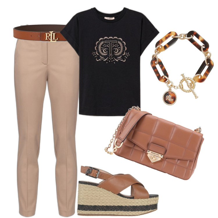 Outfit donna - In ufficio. Stile Casual chic per Tutti i giorni. Abbinamento con espadrillas, borse a spalla, pantaloni, t-shirt, cinture, braccialetti.