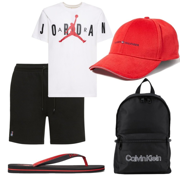 Outfit uomo - Total look #1624052. Stile Casual per Mare. Abbinamento con borse sportive, sandali, t-shirt, shorts, cappelli.