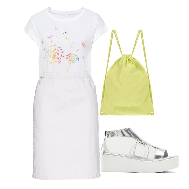 Outfit donna - Dandelion. Stile Bon Ton per Tutti i giorni. Abbinamento con t-shirt, sandali col tacco, gonne, zaini.