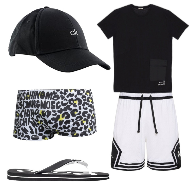 Outfit uomo - Total look #1624096. Stile Urban per Mare. Abbinamento con costumi, t-shirt, sandali, shorts, cappelli con visiera.