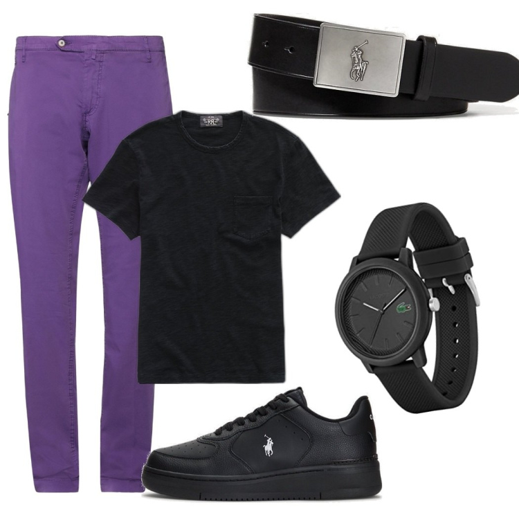 Outfit uomo - Il pantalone viola. Stile Trendy per Serata speciale. Abbinamento con pantaloni, t-shirt, sneakers, cinture, orologi analogici.