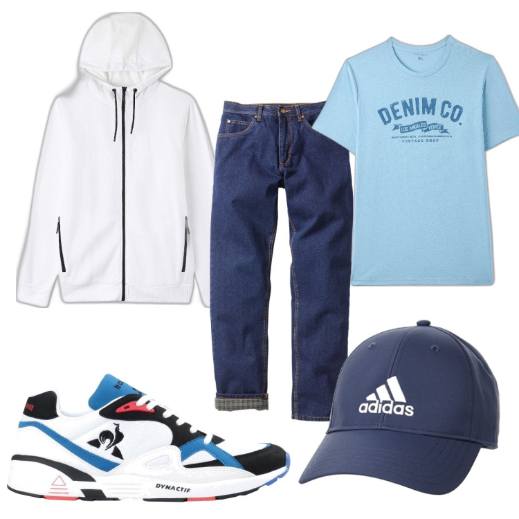 Outfit uomo - Total look #1624202. Stile Casual per Tutti i giorni. Abbinamento con jeans dritti, sneakers, t-shirt, felpe con cappuccio, cappelli con visiera.