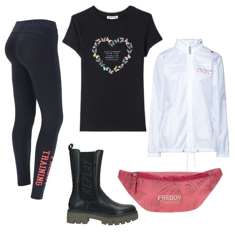 Outfit donna - Diamo una mano ad amici. Stile Minimal per Tutti i giorni. Abbinamento con stivaletti, giacche, leggings, marsupi, t-shirt.