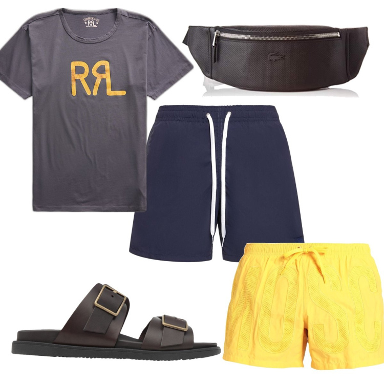Outfit uomo - Total look #1624219. Stile Trendy per Mare. Abbinamento con costumi, sandali, t-shirt, borse sportive, shorts.