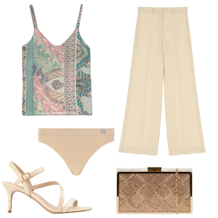 Outfit donna - Il top chiaro. Stile Bon Ton per Serata fuori. Abbinamento con sandali col tacco, clutch, perizomi, canottiere, pantaloni a palazzo.